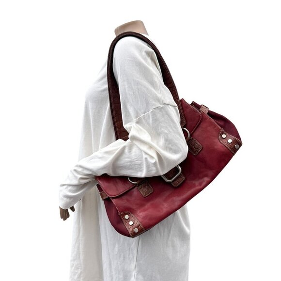 Franco Sarto Red Leather Embossed Brown Trim Shoulder Bag Dual Straps Buckle - Picture 2 of 16